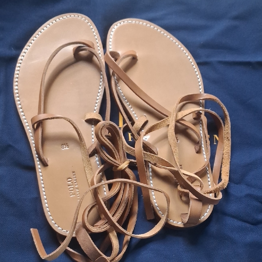 Polo by Ralph Lauren Strappy Wrap-Around Leather Sandal in Cognac - Picture 2 of 5